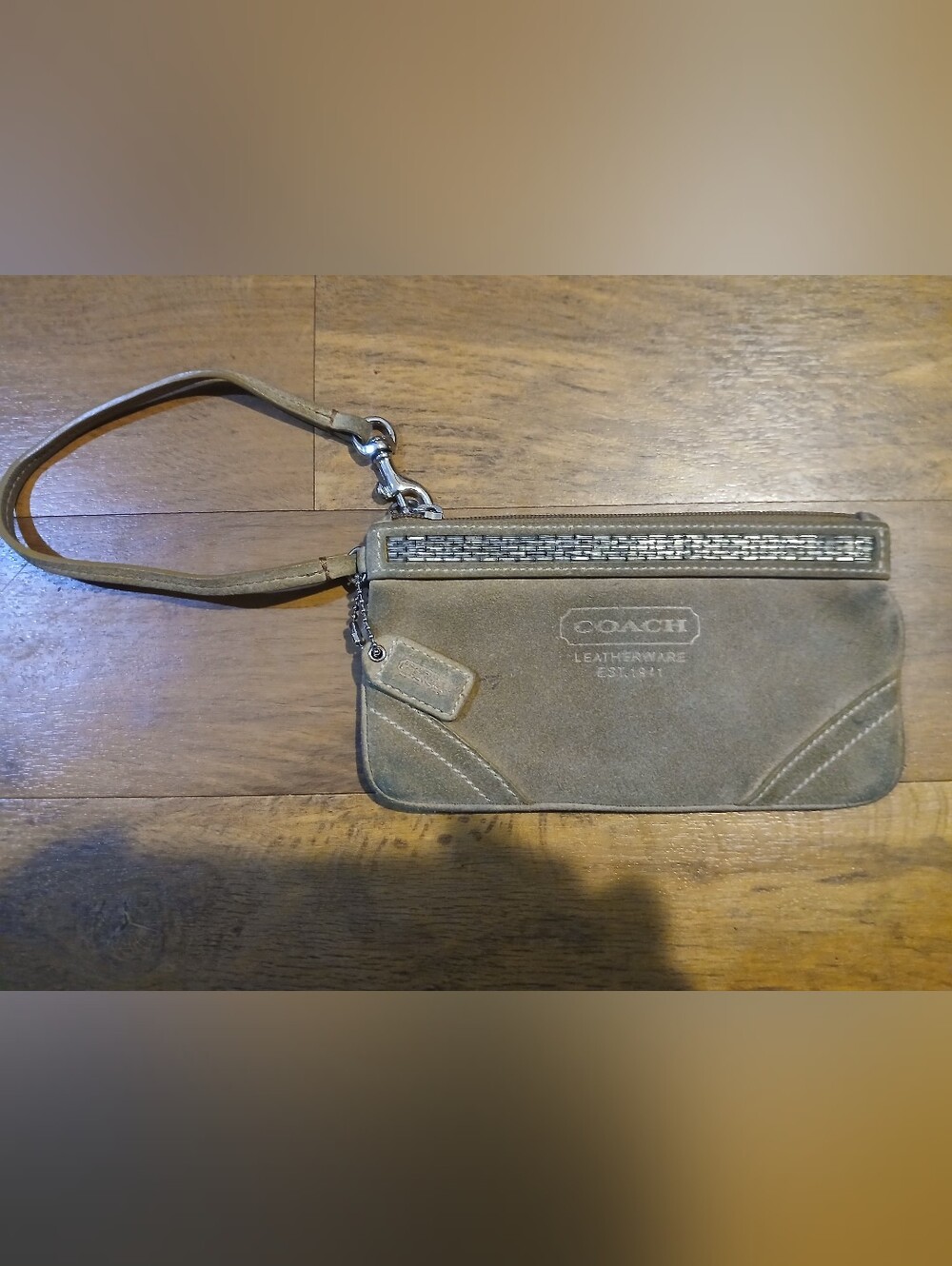 vintage COACH tan suede beaded wristlet